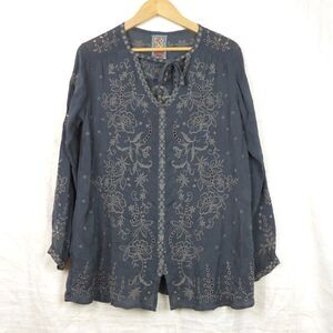 Johnny Was Monroe Embroidered Blouse Top Womens M Gray Rayon Tunic Boho Cottage